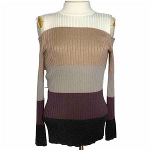 Chico’s Striped Metallic Mock Cold Shoulder Sweater